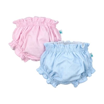 Capa do tapa fraldas para bebé em duas variações de cores: azul e rosa com pintas brancas.