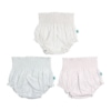 Conjunto de três tapa fraldas de bebé branco, um com pintas azuis, outro rosa e outro cinzento. Têm os três elástico na cintura e nas pernas.
