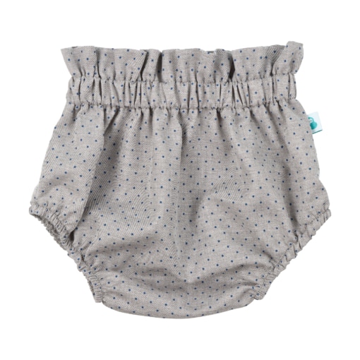 Tapa fraldas para bebé unisexo em tecido vaiela cinzento com pintas azul noite. Elástico muito confortável na cintura e nas pernas.