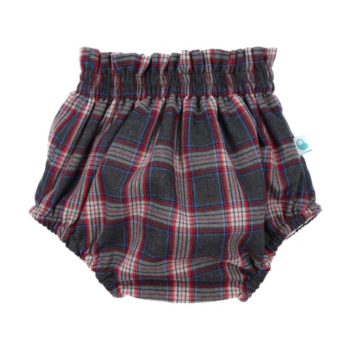Tapa fraldas para bebé em vaiela, ao xadrez em diferentes tons de cinzento com detalhes em vermelho e azul, com forro interior em tecido branco de algodão. Elásticos muito confortáveis na cintura e no entrepernas.