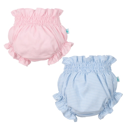 Dois modelos do tapa fraldas para bebé feito de algodão com estampa xadrez e elástico muito leve na cintura e nas pernas.
