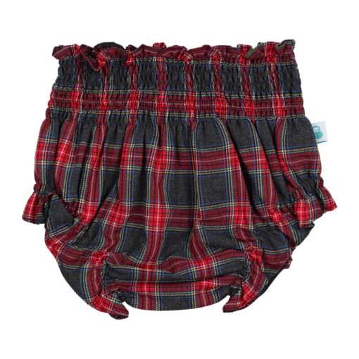 Tapa fraldas ou calções de bebé feitos em tecido xadrez vermelho e preto de algodão. Tem um elástico suave na cintura e nas pernas.