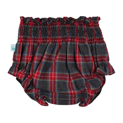 Vista de trás de um tapa fraldas ou calções de bebé feitos em tecido xadrez vermelho e preto de algodão. Tem um elástico suave na cintura e nas pernas.