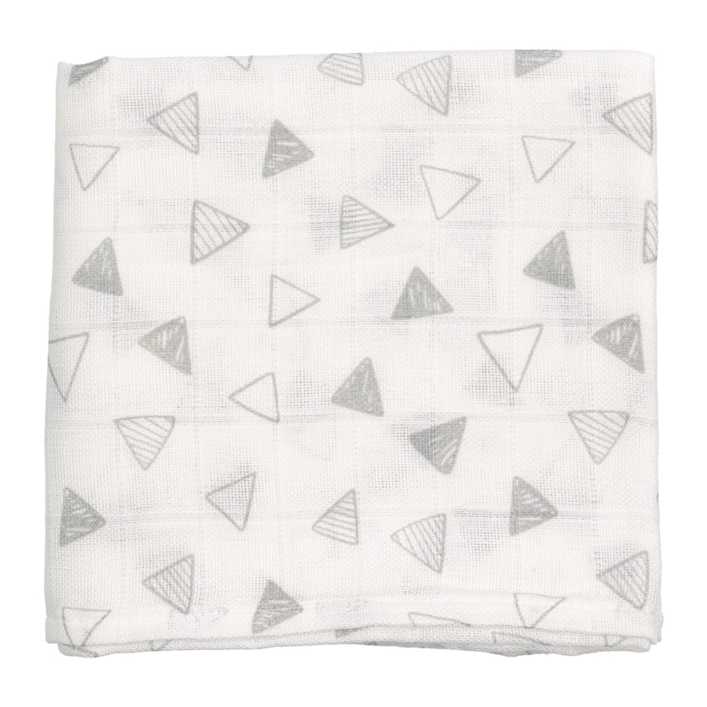 Fralda de pano para bebé branca com triângulos cinzentos. Feita em algodão.