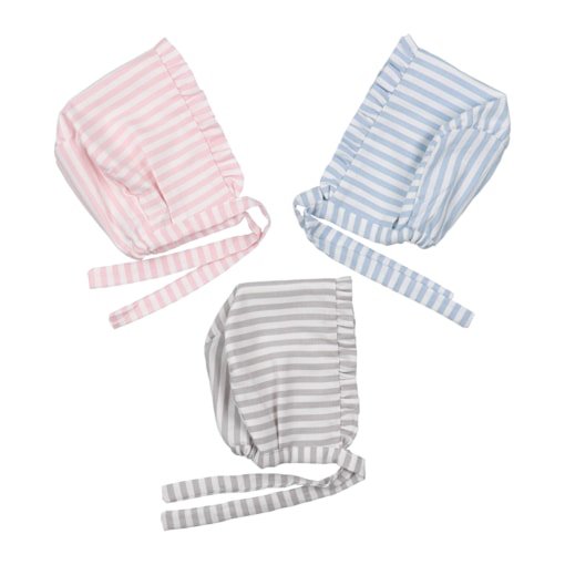 Toucas de bebé em tecido de algodão com riscas em três cores, rosa, azul ou cinzento.