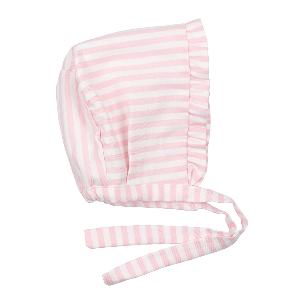 Touca de bebé em algodão com riscas cor de rosa.