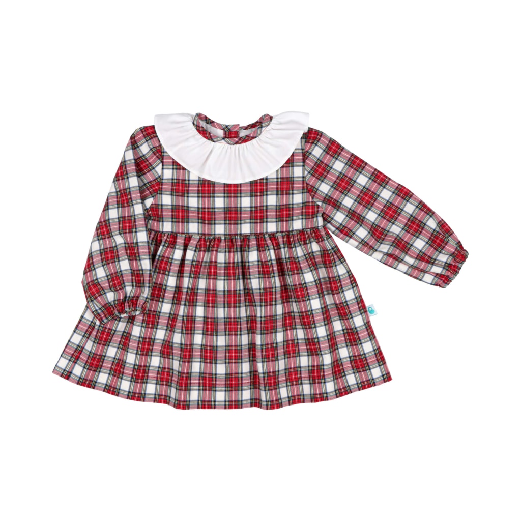 Vestido para bebé com manga comprida em tecido xadrez vermelho e branco com a gola em tecido branco. Tem as mangas em franzido, forro interior e é feito em algodão.