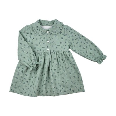 Vestido para bebé e criança com padrão verde seco e florzinhas rosa, azuis e verde. Destaques de texto salientam algumas características: 100% algodão; forro interior; gola tulipa com folhinho; elástico nas mangas; botões na frente.