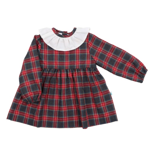 Vestido para bebé em tecido xadrez vermelho e preto com a gola em tecido branco. Tem as mangas em franzido, forro interior e é feito em algodão.